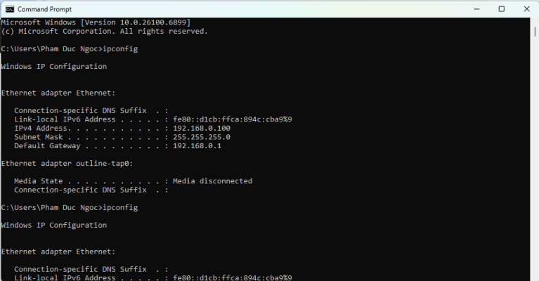 Dùng lệnh ipconfig để tìm IP Default Gateway