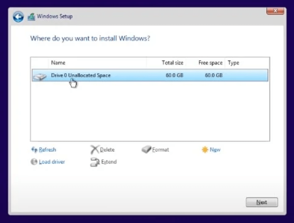 Lựa chọn phân vùng cài đặt cho Windows 11