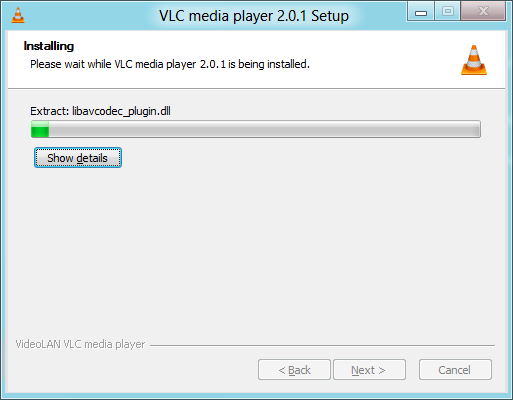 Phần mềm VLC đang được cài đặt