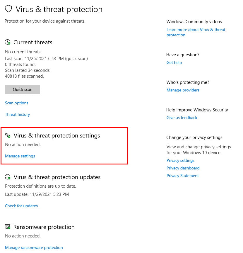 VirusThreat protection settings
