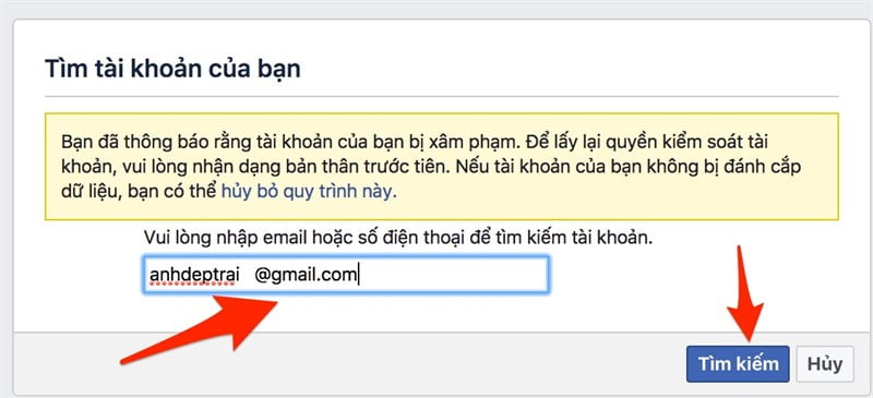 Điền email tài khoản Facebook bị xâm phạm
