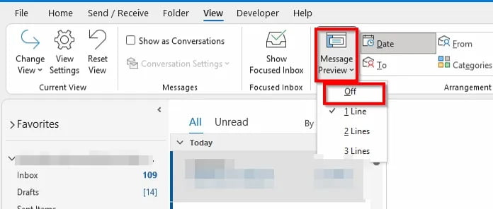 turn off Message Preview in Microsoft Outlook