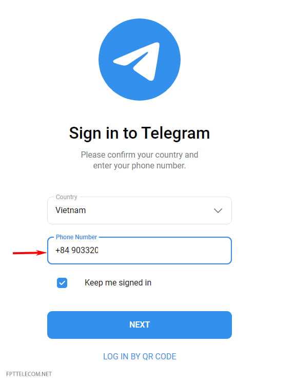 Điền số điện thoại login Telegram web