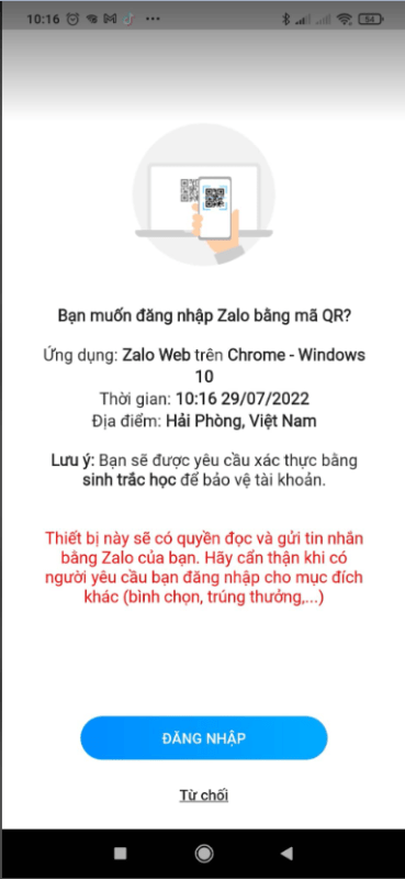 đăng nhập Zalo trên Chrome