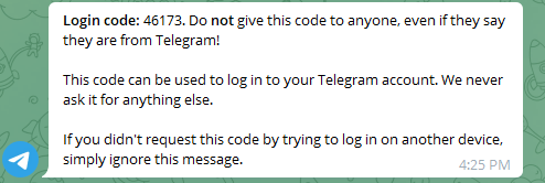 mã OTP gửi vào tin nhắn trên ứng dụng Telegram của bạn