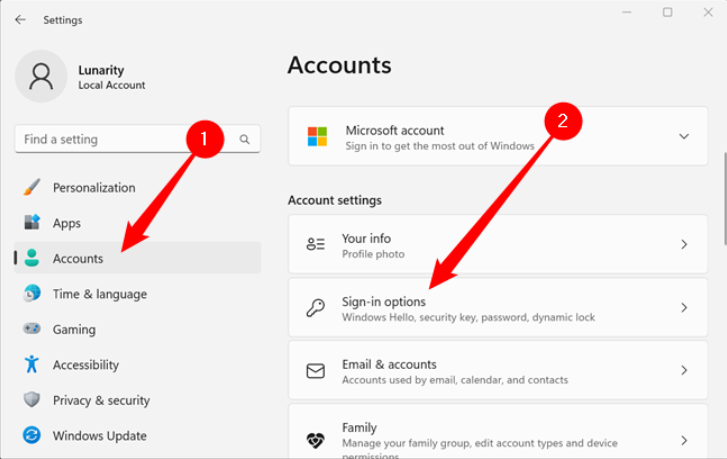 Click on “Accounts” on the left hand side, scroll down, and then click “Sign-in Options.”