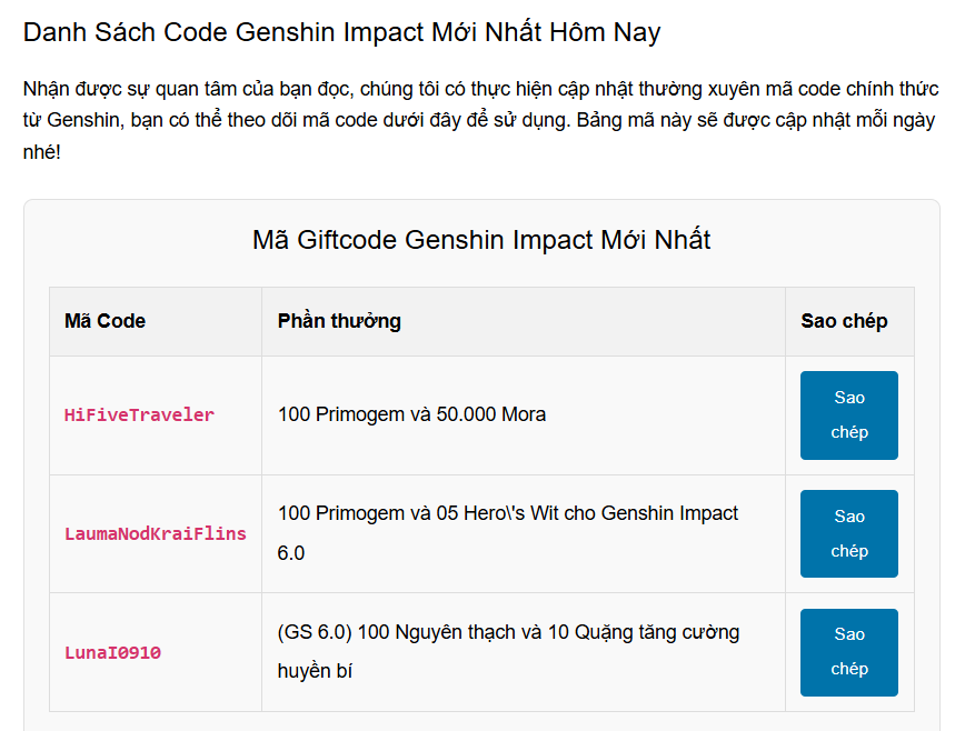 Genshincode trang tổng hợp mã code Genshin Impact mới nhất cực chất lượng
