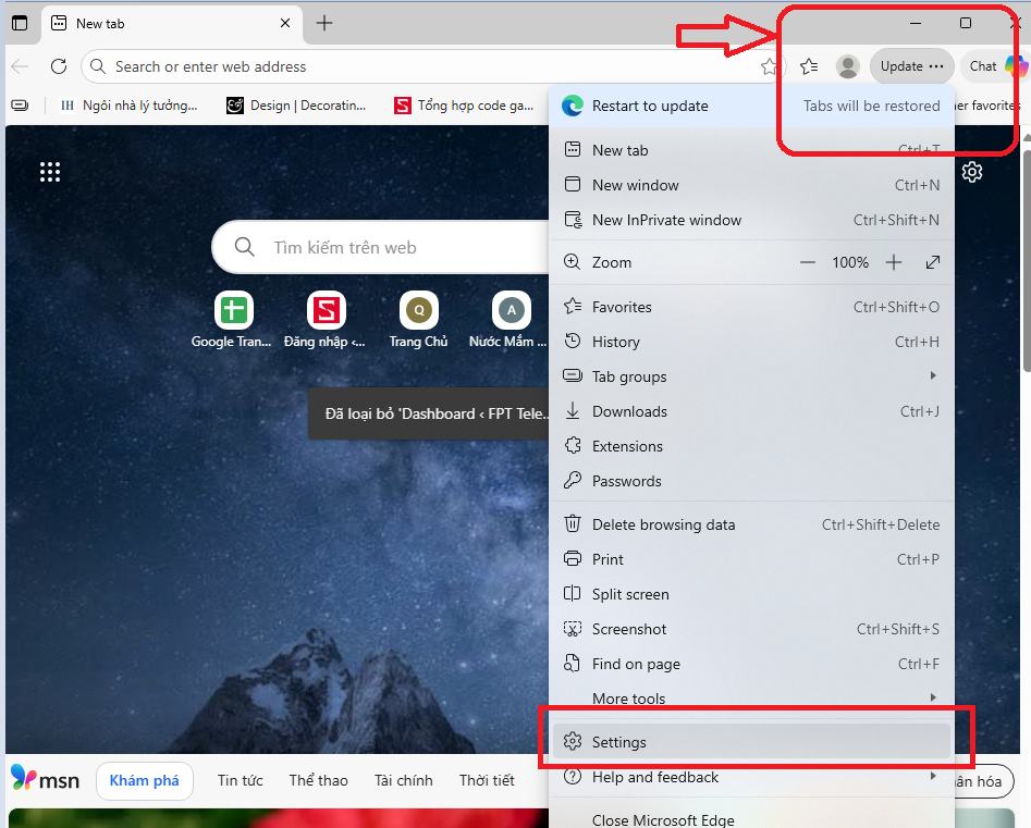 Vào cài đặt setting của EDGE
