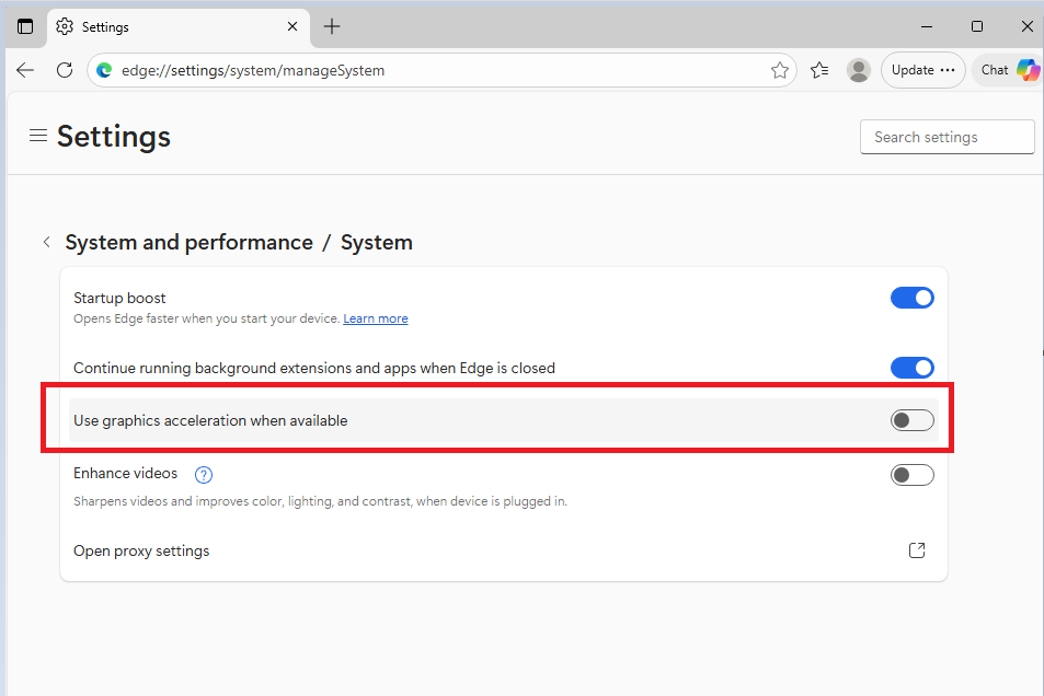 Chuyển Use graphics acceleration when available từ xanh sang xám ( gặt về bên trái )